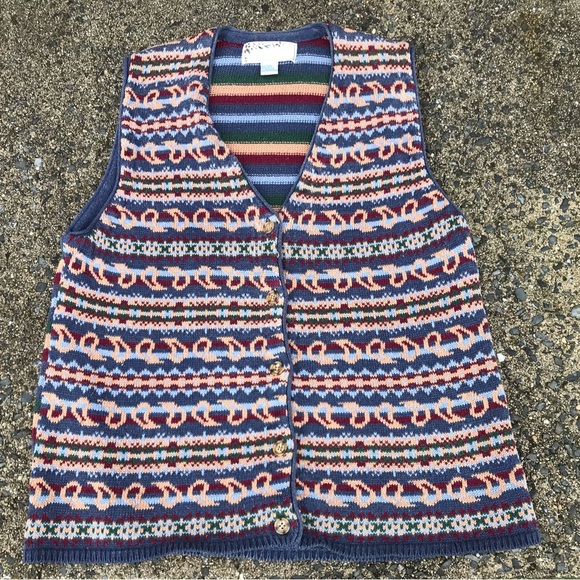 Vintage Sweaters - Vintage Sweater Vest by Golden Touch Multi Color button down Sz 18w blue red tan